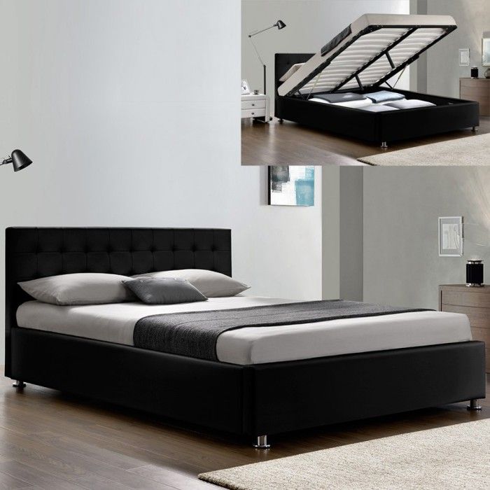 Lit complet sommier relevable + tête de lit + cadre de lit Capitole - Noir - 160x200