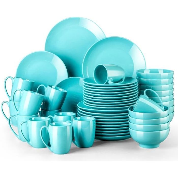LOVECASA Service de Table en Porcelaine, Série Sweet, Vaiselle Complet 48 Pièces pour 12 Perssone - Bleu Clair