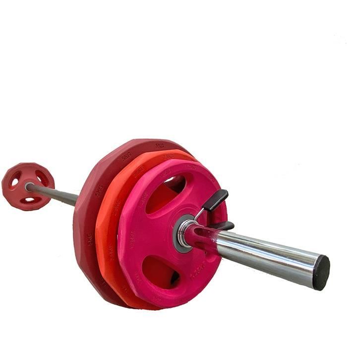 Kit de musculation réglable - Barre 140cm acier + caoutchouc - Diamètre 30mm + 6 Disques de couleur (17,5Kg au total) - 2 clips