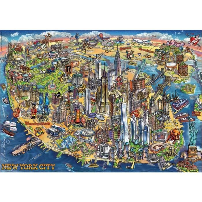 Puzzle 500 Pieces - Monuments Et Carte De New-York - Collection Etats-Unis - Plan