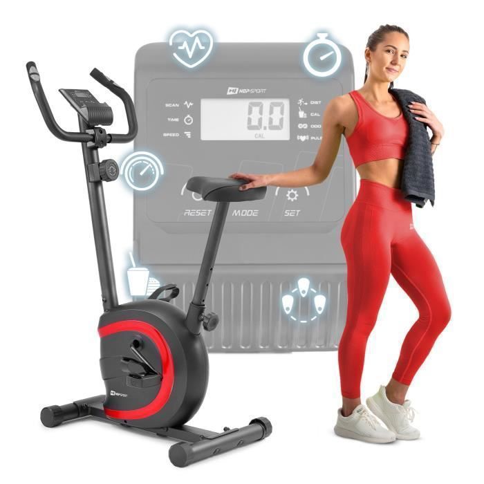 HOP-SPORT Vélo d’appartement HS-015H Vox – Roue d’inertie de 5 kg - Max 120 KG – vélo d’appartement en acier (Rouge)