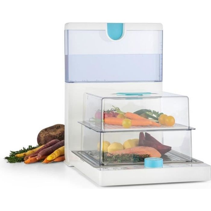 Klarstein Steam Spa Cuiseur vapeur 1500W pour poisson , légumes, viande ...2 compartiments de cuisson - Minuterie 60 min – blanc