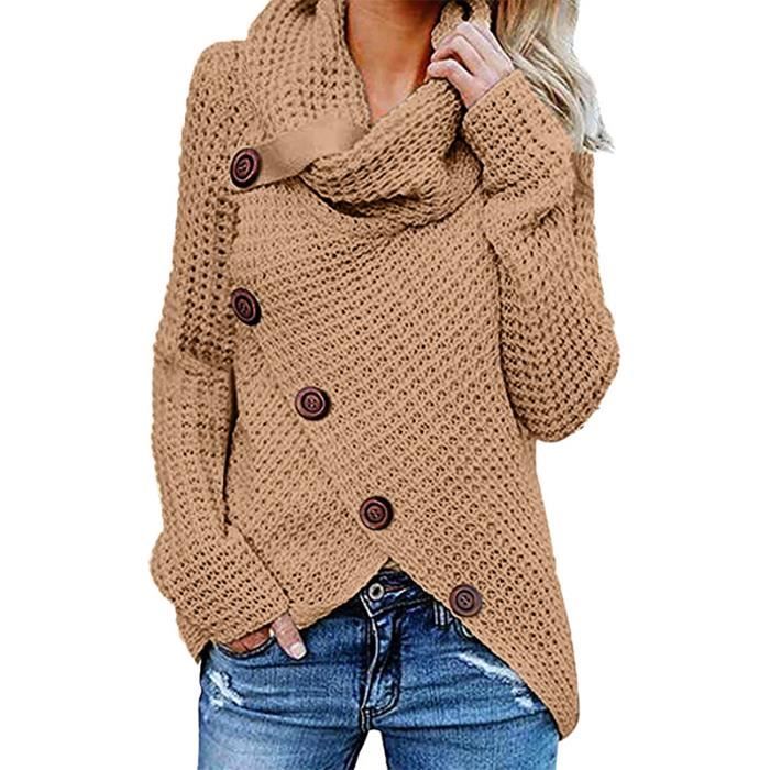 Pull Femme Chaud Tricoté Asymétrique Chandail Boutonné Col Bénitier Lâche à Manches Longues Pour Automne