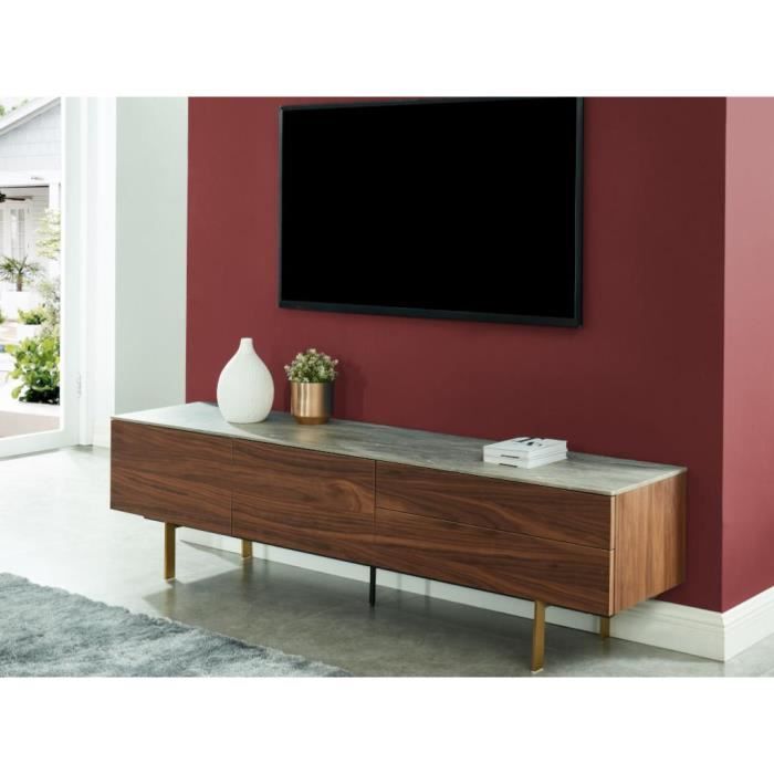 Meuble TV ALIZE - 2 portes & 2 tiroirs - MDF - Noyer avec plateau effet céramique grise