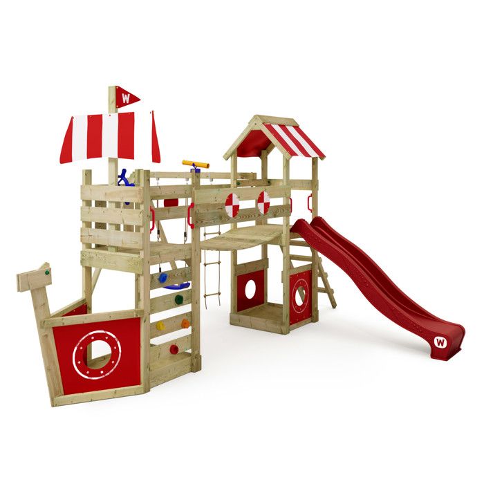 WICKEY Aire de jeux Portique bois StormFlyer avec balançoire et toboggan rouge Cabane enfant extérieure avec bac à sable