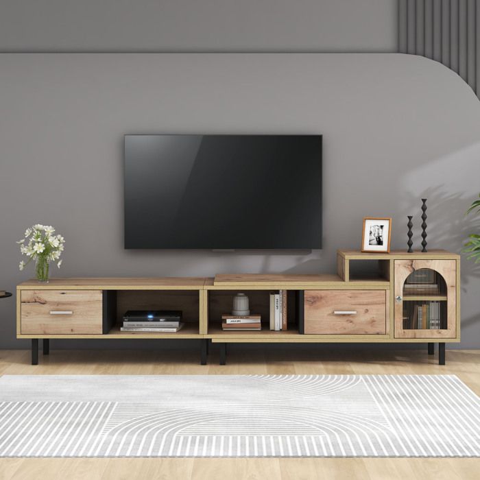 meuble tv/banc tv extensible moderne avec 2 tiroirs, 1 porte et 4 niches, bois panneaux de particules, naturel, 278x40x50.5 cm