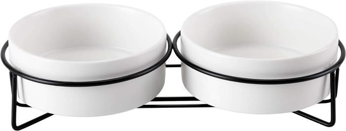 Comparer les prix de Gamelle Chat Céramique(2x400ml), Bol Double pour Chat Déjeuner, Gamelle Surélevée Chaton pour Nourriture/Eau - Blanc