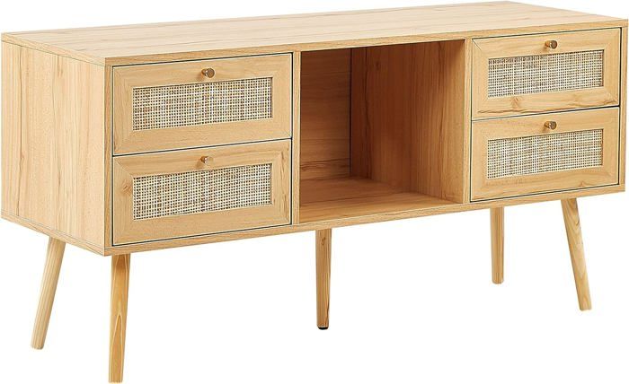 Meuble TV En Bois Et Rotin 150 Cm - Support Jusqu'à 65 Pouces, étagères Réglables, Capacité 120 Kg