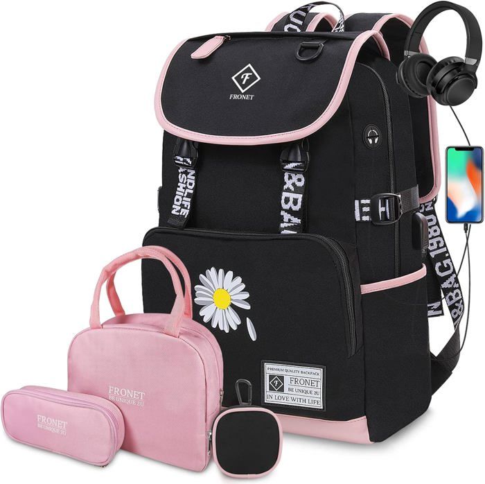 Sac à Dos Scolaire FRONET Fille - Imperméable, 4 En 1 (Sac, Boîte Lunch, Trousse, Porte-Monnaie) - Pour Primaire/Collège