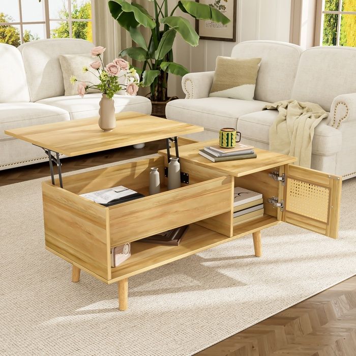 Table basse salon 2 Portes en rotin Plateau Relevable et Compartiment Rangement Meuble de salon 103x50x60cm Bois