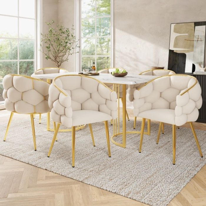 Chaise de luxe en velours - MUVOE - Lot de 6 - Pieds en fer plaqué or - Ergonomique - Beige