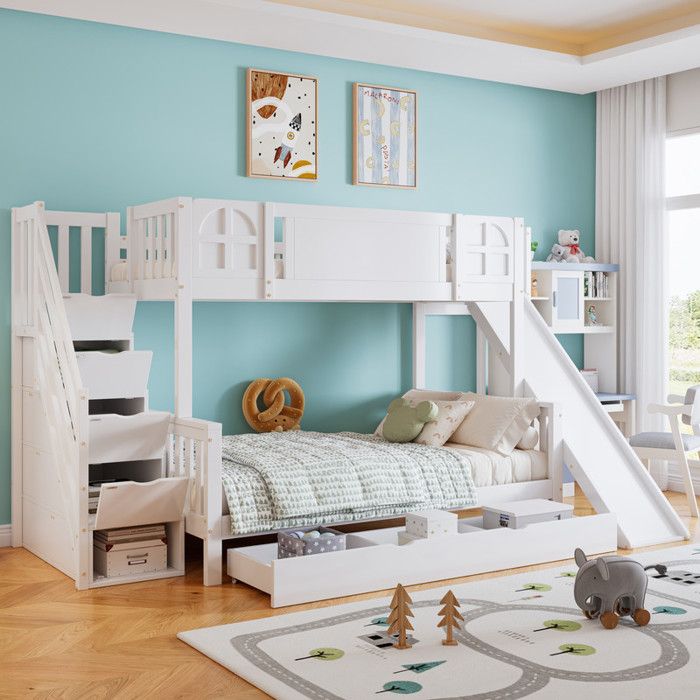 Lit Superposé Enfant avec Toboggan & Escalier Rangement - Garde-corps 46cm+Tiroir Roulettes - Sécurité EN747 Blanc