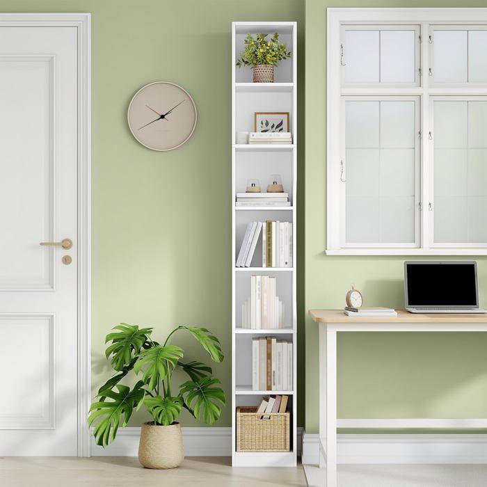 Bibliothèque Étagère à 7 Niveaux Bibliothèque Étroite pour Bureau Salon Chambre 28 × 30 × 2081 cm Style Moderne Blanc