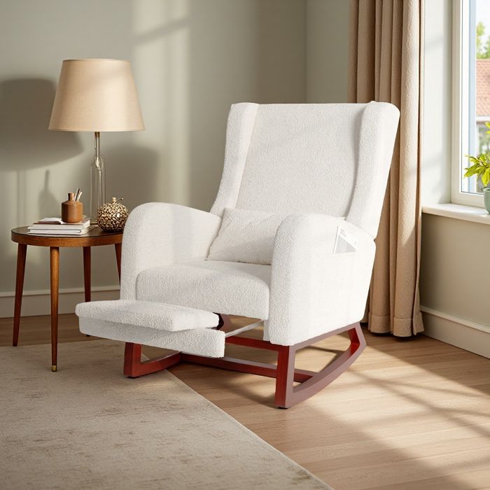 Fauteuil a Bascule en Tissu Sherpa - Fauteuil de salon avec Repose-pieds Télescopique et Oreiller Lombaire - Scandinave - Beige