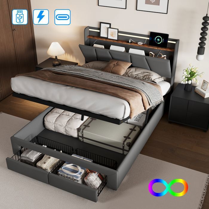 Lit coffre 140x190 cm LUMINARIX Lit 140x190 LED ports USB Type C 2 tiroirs Lit adulte double Gris Lin