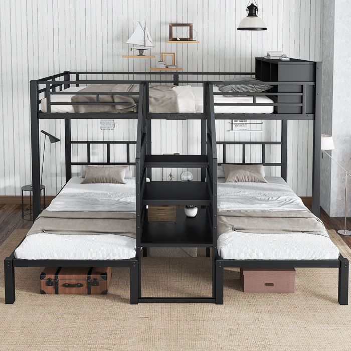 Lit Superposé 3 Places en Métal lit triple a pour enfants 90/140 x 200 cm avec sommier à lattes noir (sans matelas) Lit Superposé 3 Places en Métal lit triple a pour enfants 90/140 x 200 cm avec sommier à lattes noir (sans matelas)