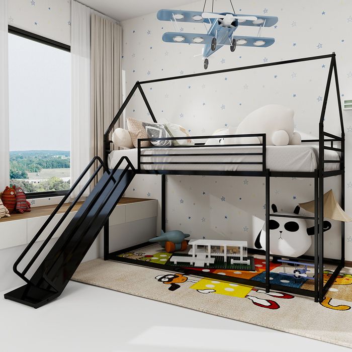 Lit superposé Twin Twin avec toboggan design maison échelle facile à monter sans sommier Noir