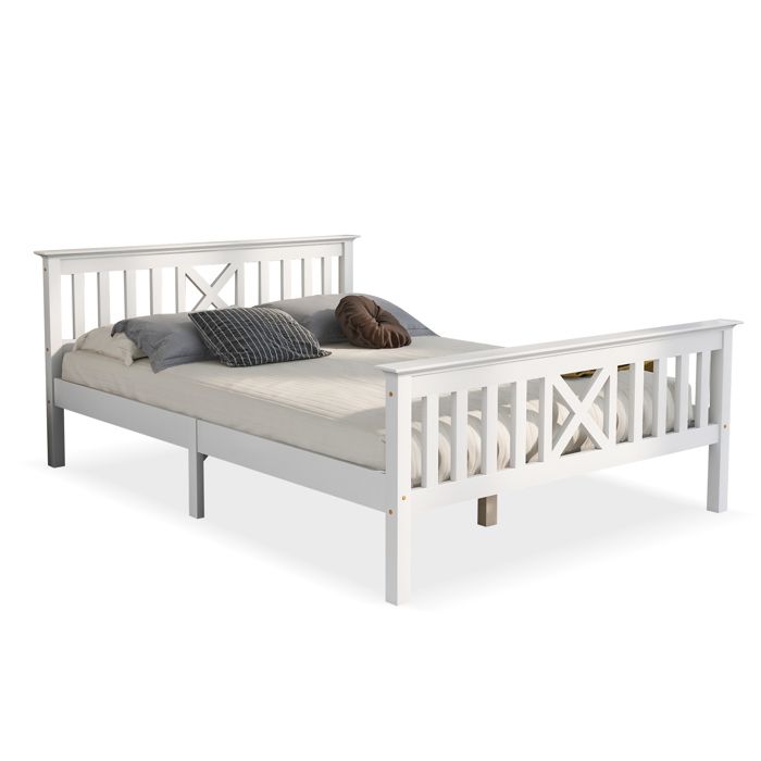 Structure de lit Nouveau épaissi lit en bois design moderne lit double en cadre de lit et cadre à lattes lit en bois avec tête de li