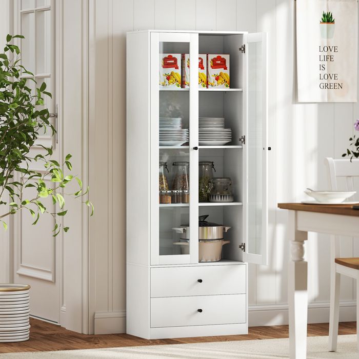 Meuble de rangement moderne avec placard à portes vitrées étagères réglables et 2 tiroirs 59 x 30 x 164 cm blanc