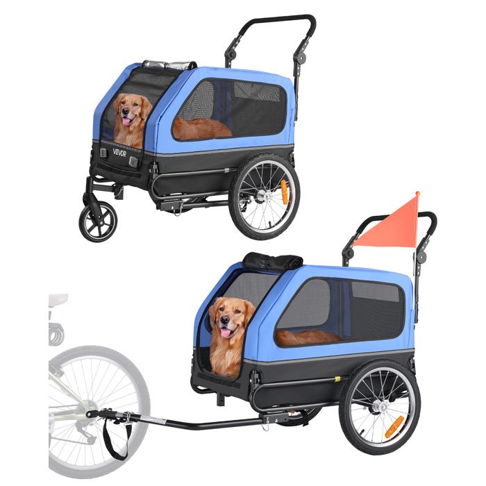 Remorque Vélo pour Chien-VEVOR-Poussette dAnimaux de Compagnie 2 en 1-Cadre Pliable Facile-Coupleur de Vélo Universel-Bleu et Noir