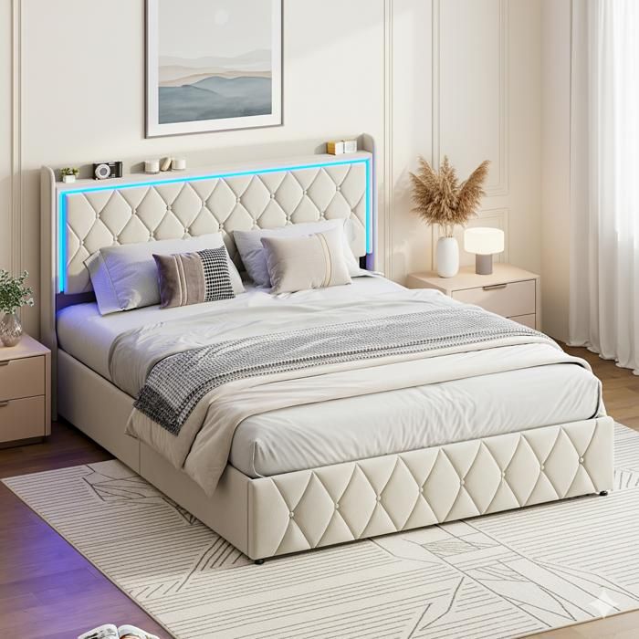 Lit 140x190 cm lit coffre avec LED et Port USB lit double 140x190 cm lit adutle rembourré en velours beige Lit 140x190 cm lit coffre avec LED et Port USB lit double 140x190 cm lit adutle rembourré en velours beige