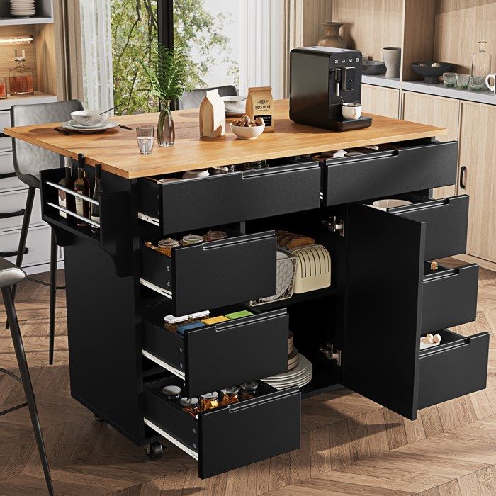 Buffet CuisineArmoire de Cuisineavec Roulettes et Plan de Travail8 TiroirsExtensibleRoulettes FreinéesNoir