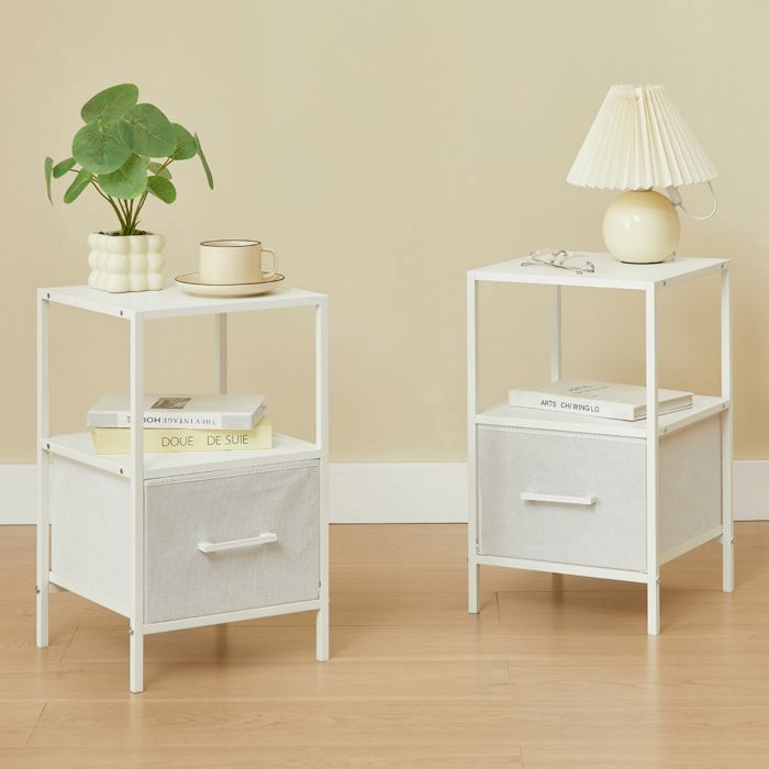 CASABEL Lot de 2 tables de chevet blanches avec tiroir en tissu renforcé métal et bois 30×30×50cm table d’appoint