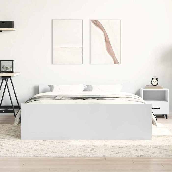 Cadre de lit double - MEUBLECHIC - 140x190 cm - Blanc - Bois dingénierie - Lattes en contreplaqué