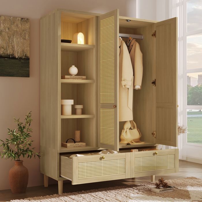 Armoire Chambre Penderie 120 cm en Cannage avec Étagères Ouvertes 2 Tiroirs et Tringle – Style Maison de Campagne Chêne