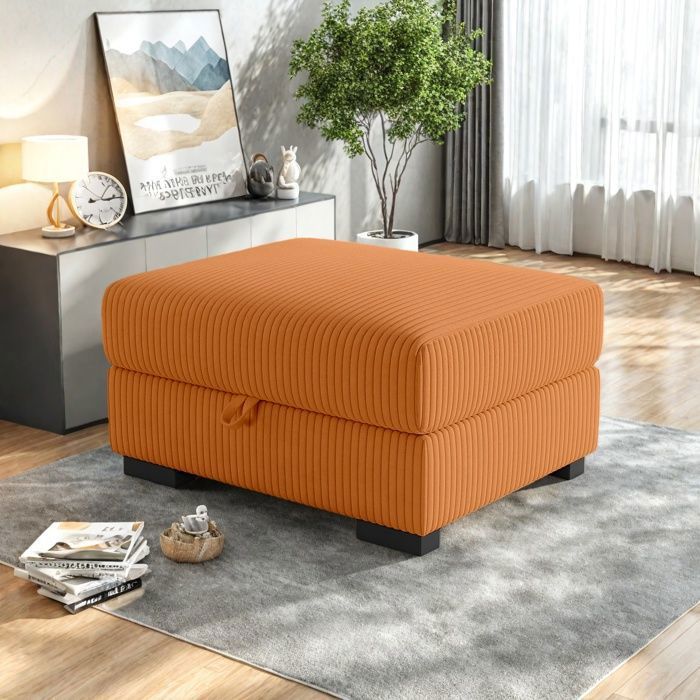 Repose-pieds - Grand repose-pieds avec rangement - Repose-pieds en velours côtelé - Pouf de rangement pour canapé modulaire - Orange