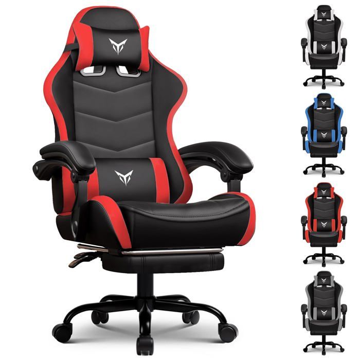 Chaise Gaming Ergonomique avec Repose Pieds Support Lombaire et Appui Tête Réglables Fauteuil de Bureau