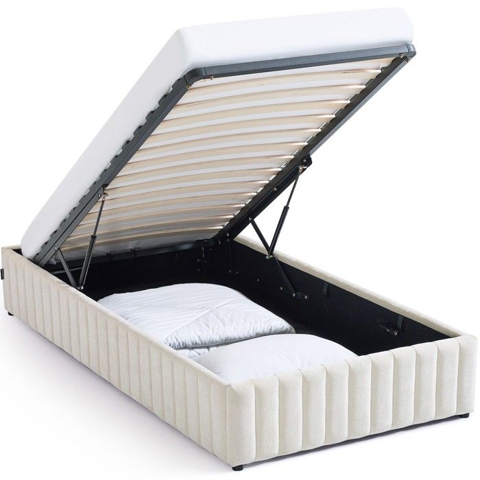 Lit coffre adulte 90x190 cm en tissu chenille beige - Balto