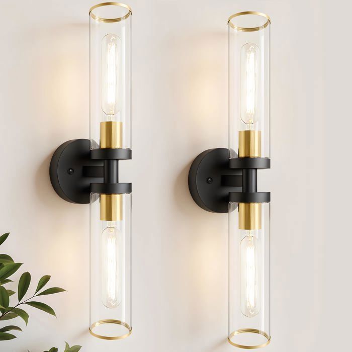 Ensemble de deux appliques murales noires et dorées avec verre transparent luminaires muraux câblés appliques murales