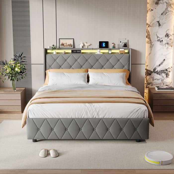 Lit 140x200 cm rembourré avec LED – Lit double adulte avec USB et Type-C 4 tiroirs de rangement sommier à lattes - gris Lit 140x200 cm rembourré avec LED – Lit double adulte avec USB et Type-C 4 tiroirs de rangement sommier à lattes - gris