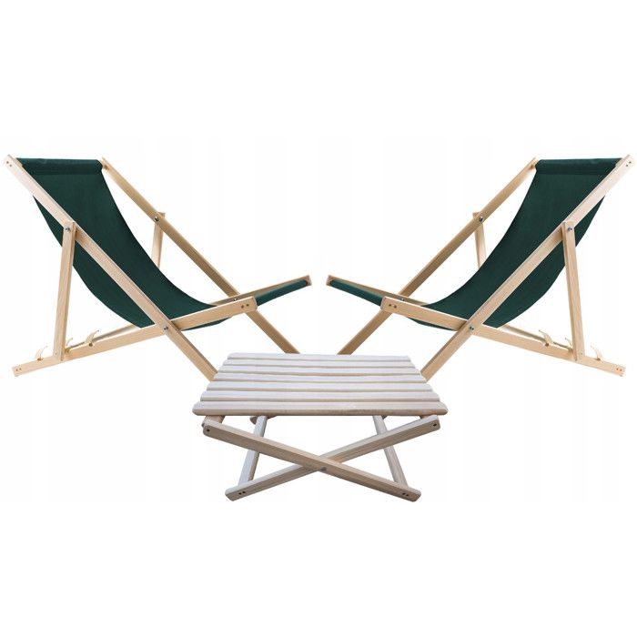 Lot de 2 chaises de plage vertes + table basse en bois Woodok