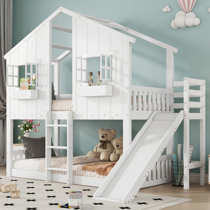 Lit superposé enfant - LEMONBEST - 90 x 200 Toit & fenêtres - Blanc - Bois massif - Toboggan