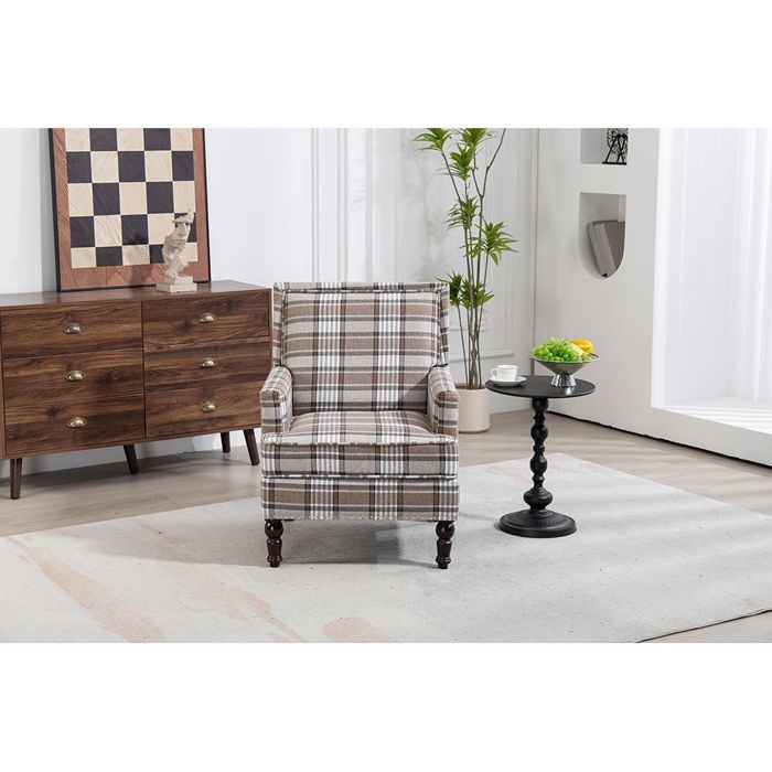 Fauteuil dappoint - MINIMAL - Vintage - Tissu coton-lin marron/blanc - Mousse haute densité - Structure bois massif Fauteuil dappoint - MINIMAL - Vintage - Tissu coton-lin marron/blanc - Mousse haute densité - Structure bois massif