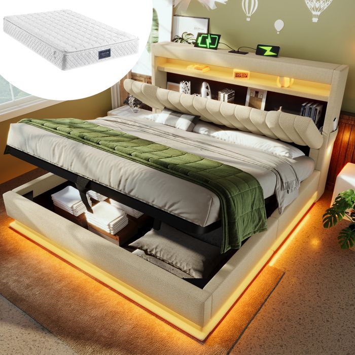 Lit 2 places - KOMHTOM - KOMHTOM - 140 x 200 - Matelas inclus - LED intégrée & USB‑C