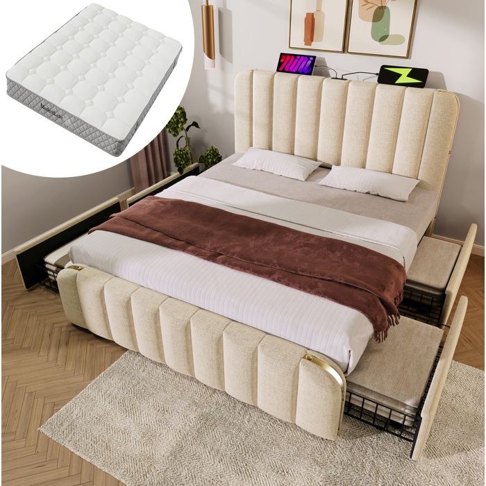 Lit 160 × 200 beige en lin avec USB-C 4 tiroirs et matelas H3 inclus