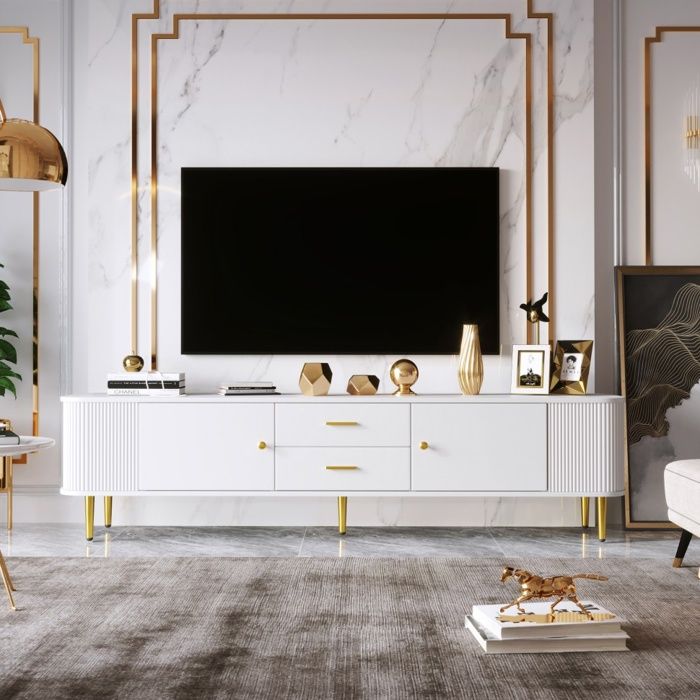 Meuble TV Bas 170x34x45cm - Design Scandinave Blanc avec Côtés Ondulés et Pieds Dorés - Blanc