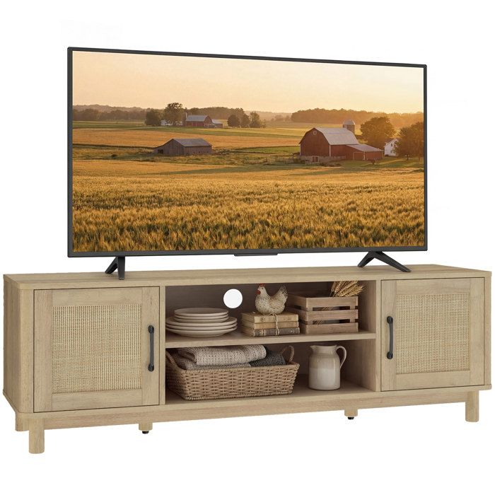 Meuble TV - HOMCOM - pour téléviseur jusquà 65 - 2 portes en rotin 2 compartiments ouverts - bois - 135 x 39 x 45 cm - chêne