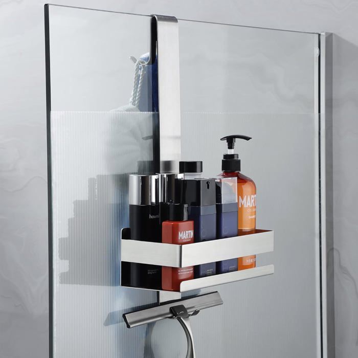 Étagère de douche suspendue - SWAPY - Sans perçage - Pour porte en verre sans cadre - Acier inoxydable - 3 compartiments