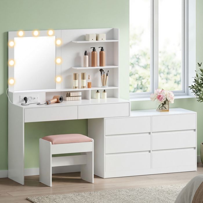 Coiffeuse Modulable avec Miroir LED et Tabouret Miroir LED 9 Ampoules avec Multiprise 8 Tiroirs Blanc et Rose