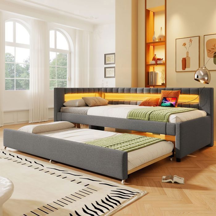 Lit gigogne - SOGEU - Lit avec LED et USB - 90x200 cm - Lin gris - LED multicolore & USB Type‑C