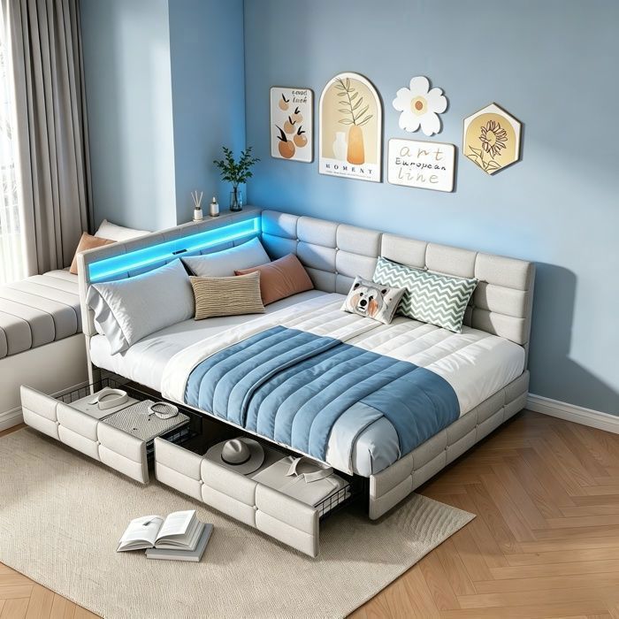 Canapé lit 140x190 cm lit coffre lit double 2 tiroirs LED USB tête lit rembourrée sommier lattes lin beige