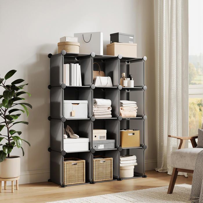 AFF MEUBLE ETAGERE-12 Casiers Meuble de rangement modulaire-Bibliothèque DIY Empilable en PVC-Étagère Polyvalente gris