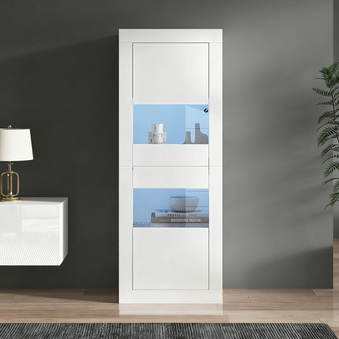 Vitrine avec Éclairage LED 1 Fond en Verre Vitrine en Verre Bibliothèque Armoire Haute Armoire de Rangement 61x42x162cm Blanc