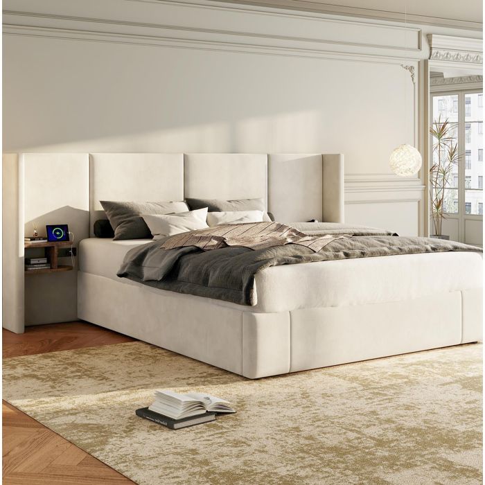 COVREO Lit coffre 160 x 200 cm en velours beige avec 2 tables de chevet USB-A USB-C prises et sommier à lattes