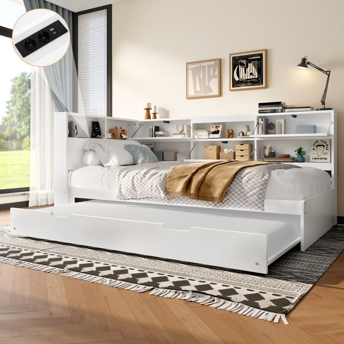 Lit banquette gigogne 90x200 cm blanc avec tête de lit rangement USB et Type-C sans matelas