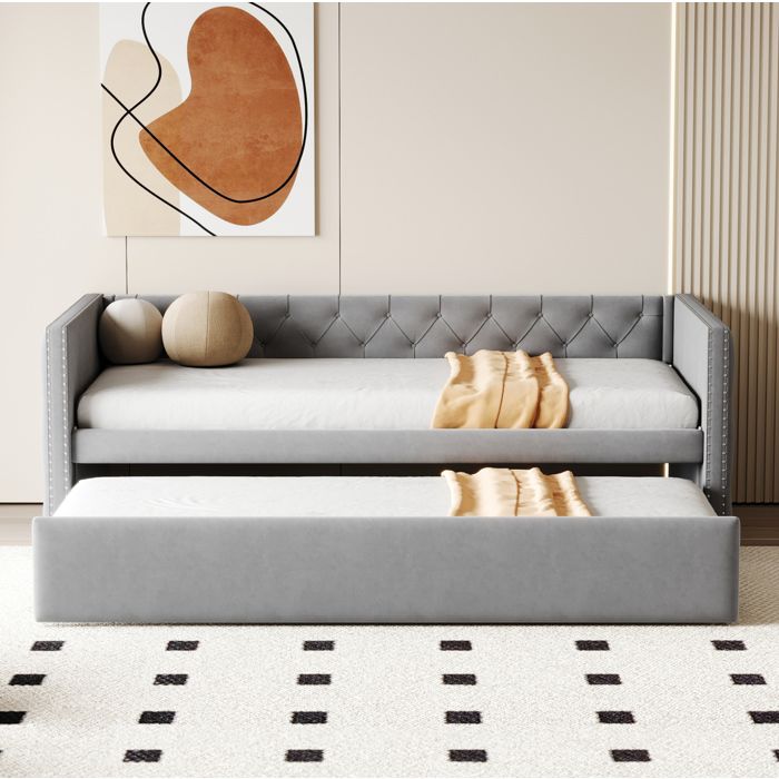 WUVRIE Lit rembourré canapé-lit gigogne 90 x 200 cm velours gris clair sommier à lattes
